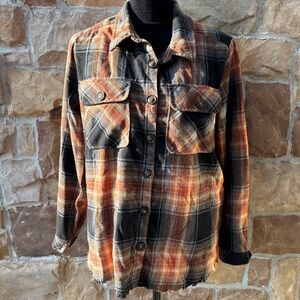 Democracy Orange Plaid Flannel Long Sleeve Button Down Cotton Blend Shirt Size S